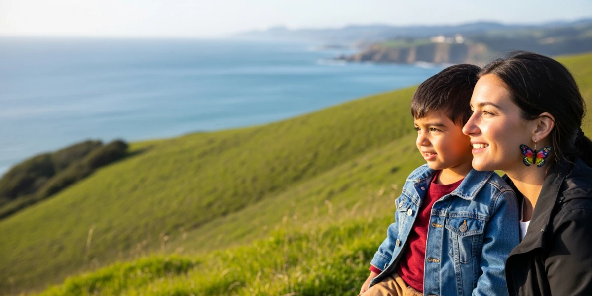 Madre e hijo en un paisaje sereno